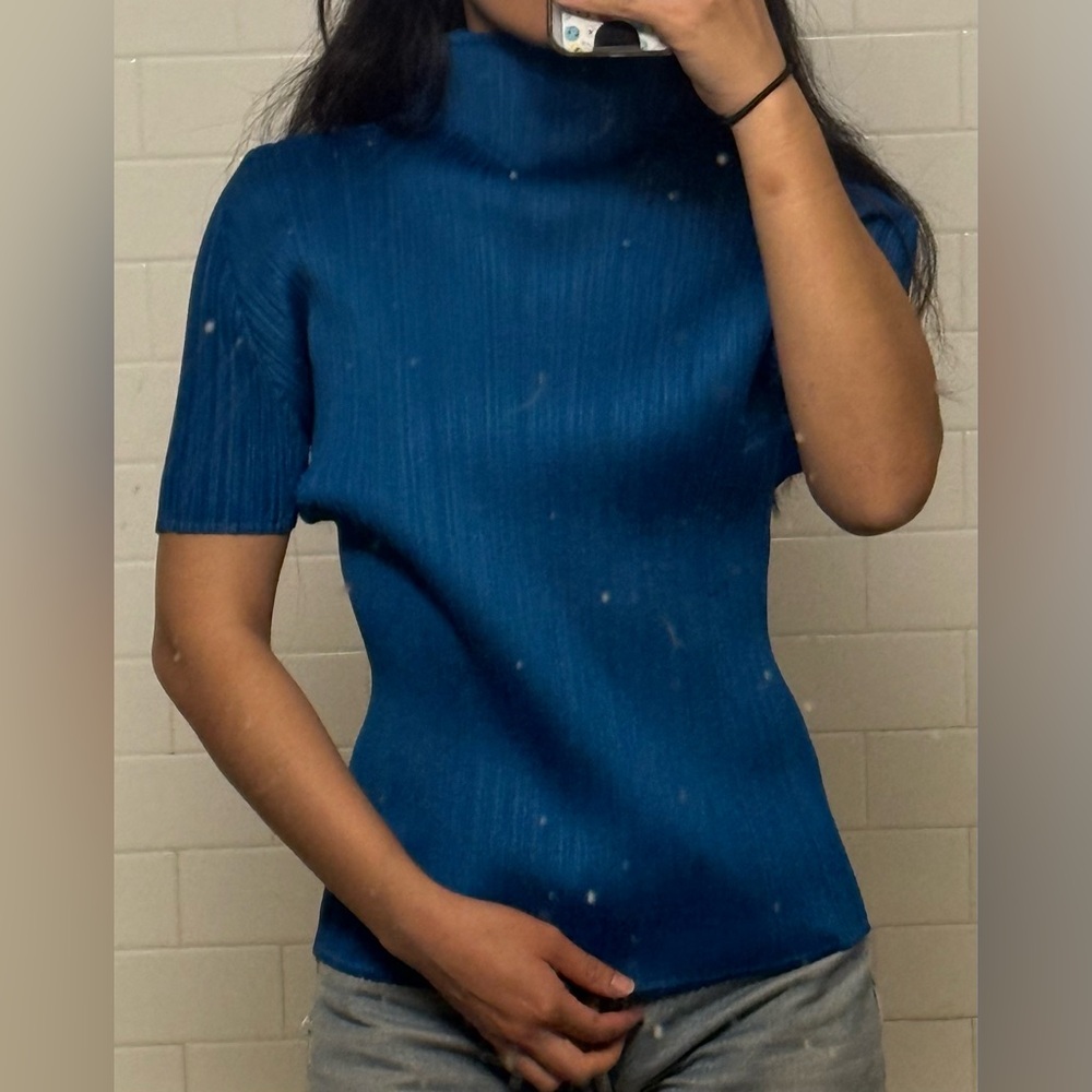 Issey Miyake Pleats Please blue short sleeve mock neck top